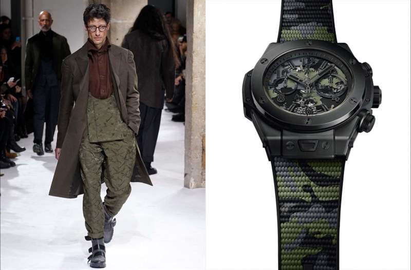 今次與HUBLOT合作的聯(lián)乘作品，迷彩圖案源自他以往設(shè)計(jì)的工裝服飾系列，貫