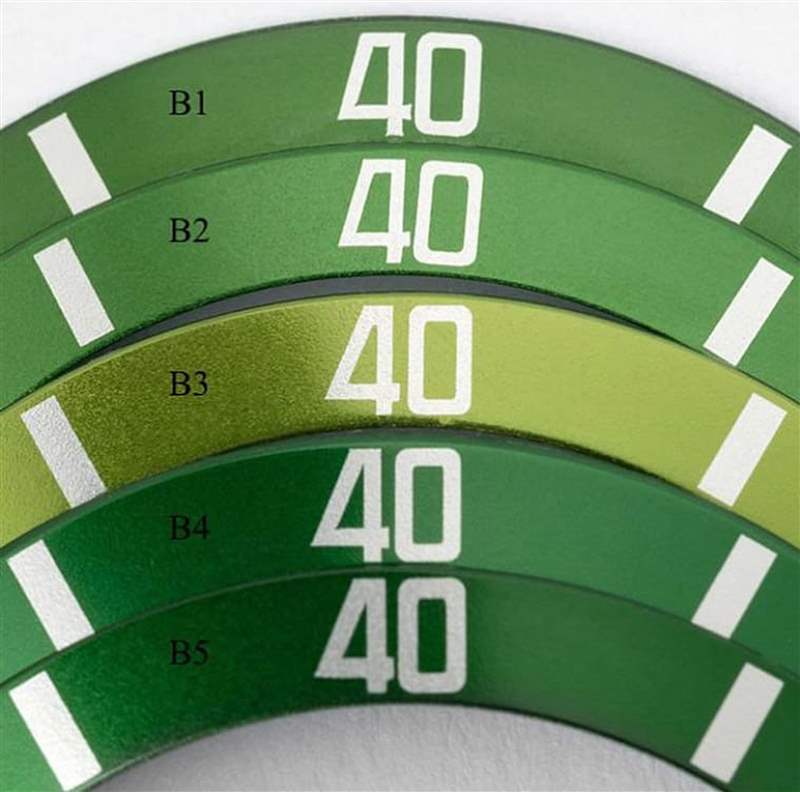 網路上有人整理出16610LV不同版本的綠色表圈，同時也包含尖頭4與平頭4的變化。 （Watchcharts）