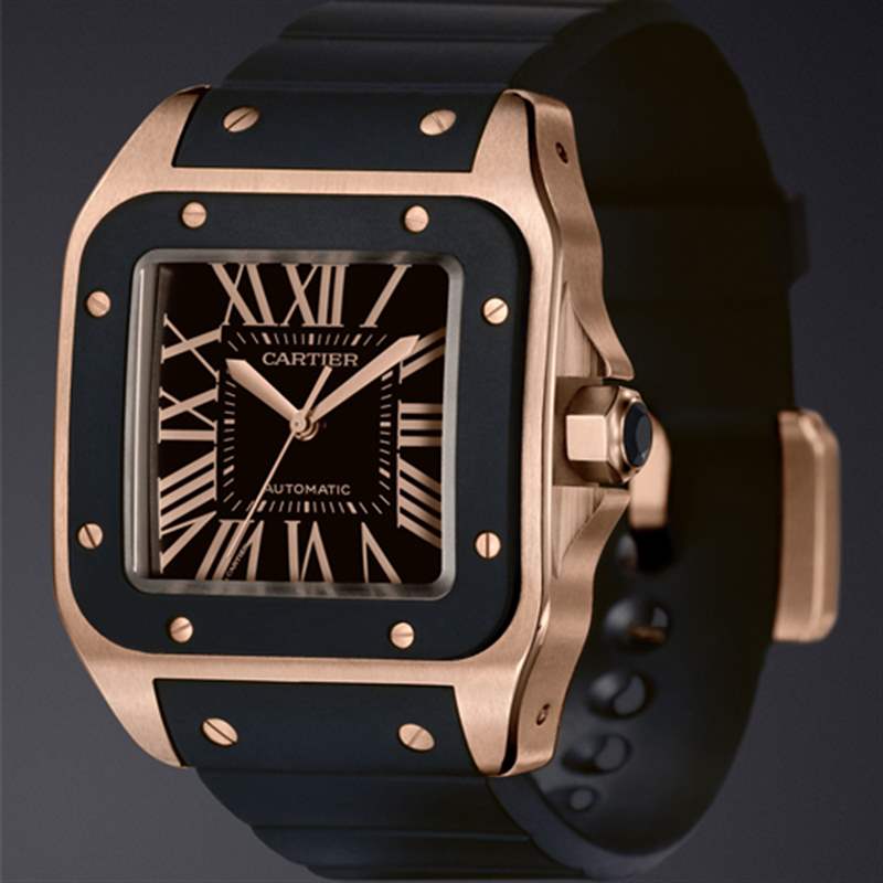 卡地亞桑托斯 100 XL 玫瑰金配橡膠表帶手表 卡地亞桑托斯 100 XL 玫瑰金配橡膠表帶手表-復刻表
