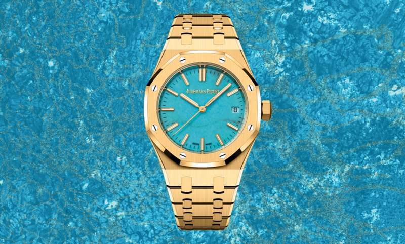 愛彼Royal Oak皇家橡樹自動上鏈腕表，黃金表殼搭配天然綠松石表面